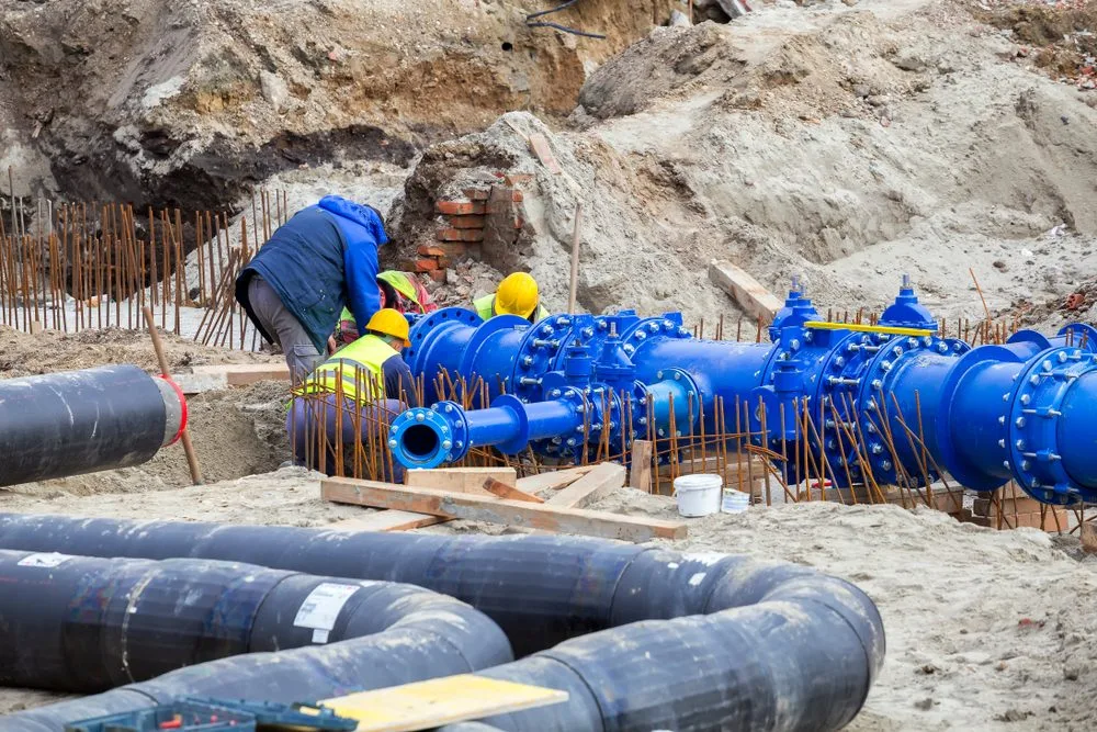 Workers in safety gear install or inspect large blue industrial water pipes at a Middlesex construction site, surrounded by exposed soil, rebar, and additional black pipes.