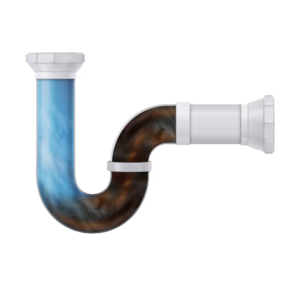 A clogged plastic sink drain pipe filled with water and debris.