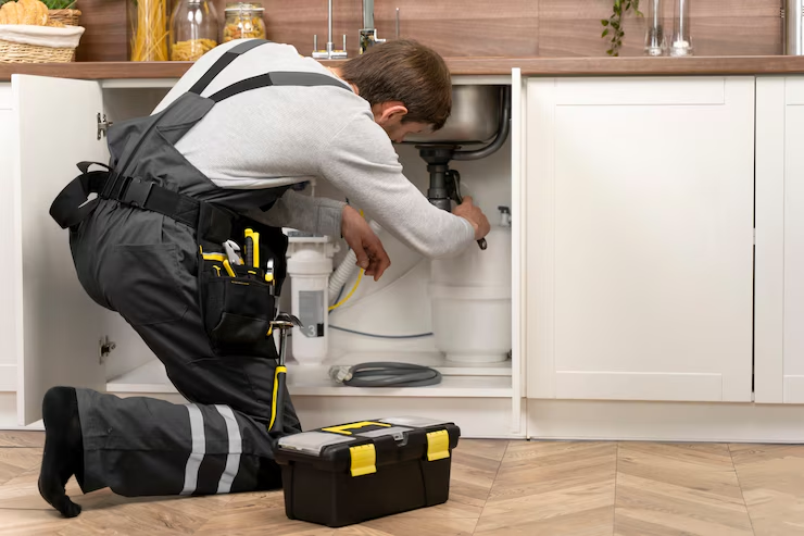 A plumber repairing a hidden leak under a kitchen sink using professional tools