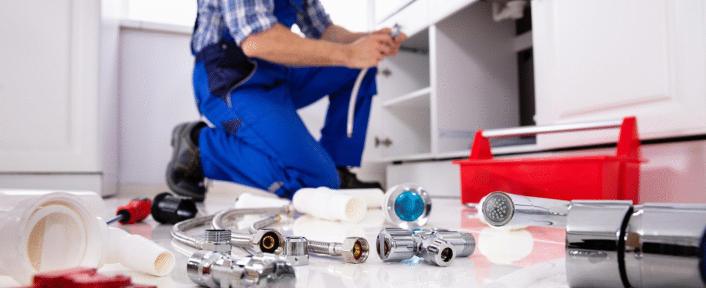 A plumber Plymouth in blue overalls kneels on the floor fixing pipes under a sink, surrounded by various plumbing tools and parts, with a red toolbox nearby.