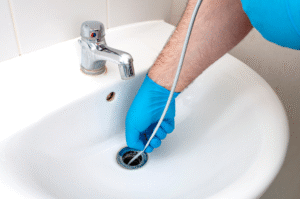 A plumber cleaning a drain