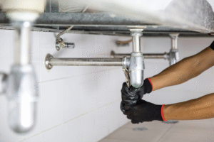 A person wearing black gloves uses a wrench to tighten or loosen a pipe under a sink in a tiled bathroom, likely representing a plumber Plymouth and Suffolk County, MA.