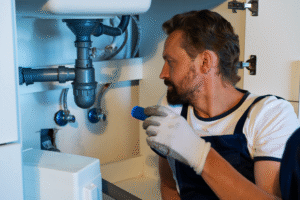 A plumber checking the pipes with a torch