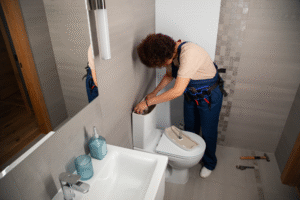 A person checking the toilet