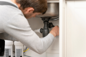 A plumber repairing a sink
