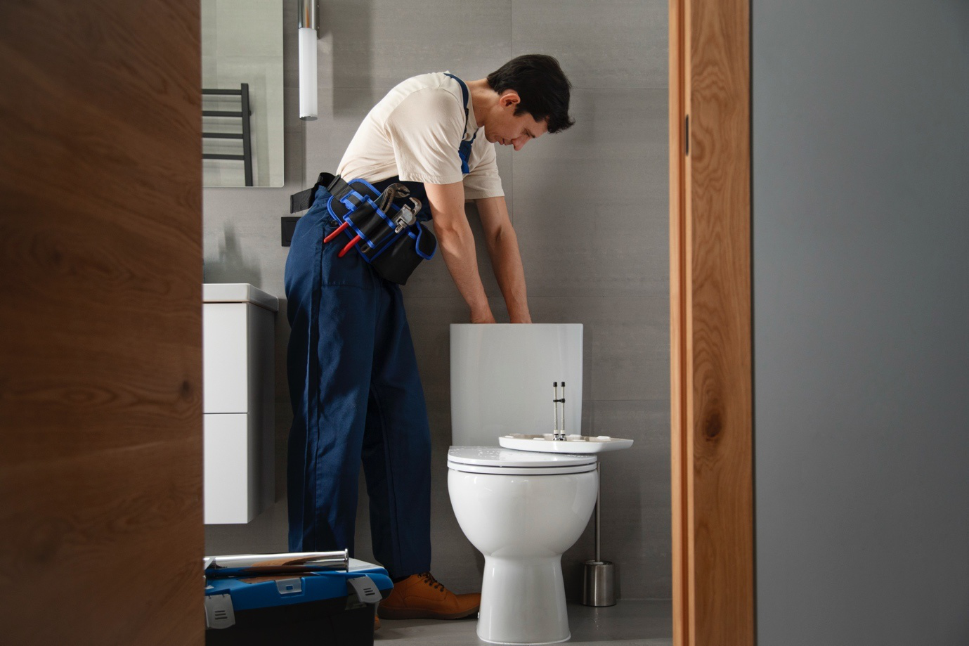 A licensed plumber in Quincy, MA, replacing an old toilet