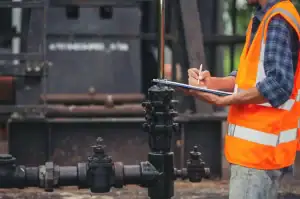 A person wearing an orange safety vest and plaid shirt writes on a clipboard while inspecting industrial pipes and equipment at an outdoor facility in Bristol, serving as a plumber Plymouth and Suffolk County residents trust.