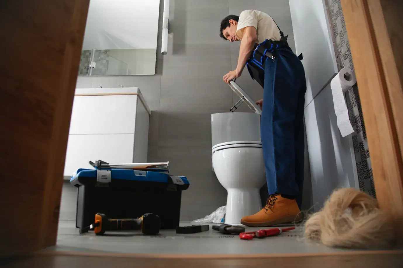 A plumber in blue overalls repairs a toilet in a modern Suffolk County, MA bathroom, with tools and a toolbox on the floor. A roll of toilet paper and a bundle of blonde hair are also visible.