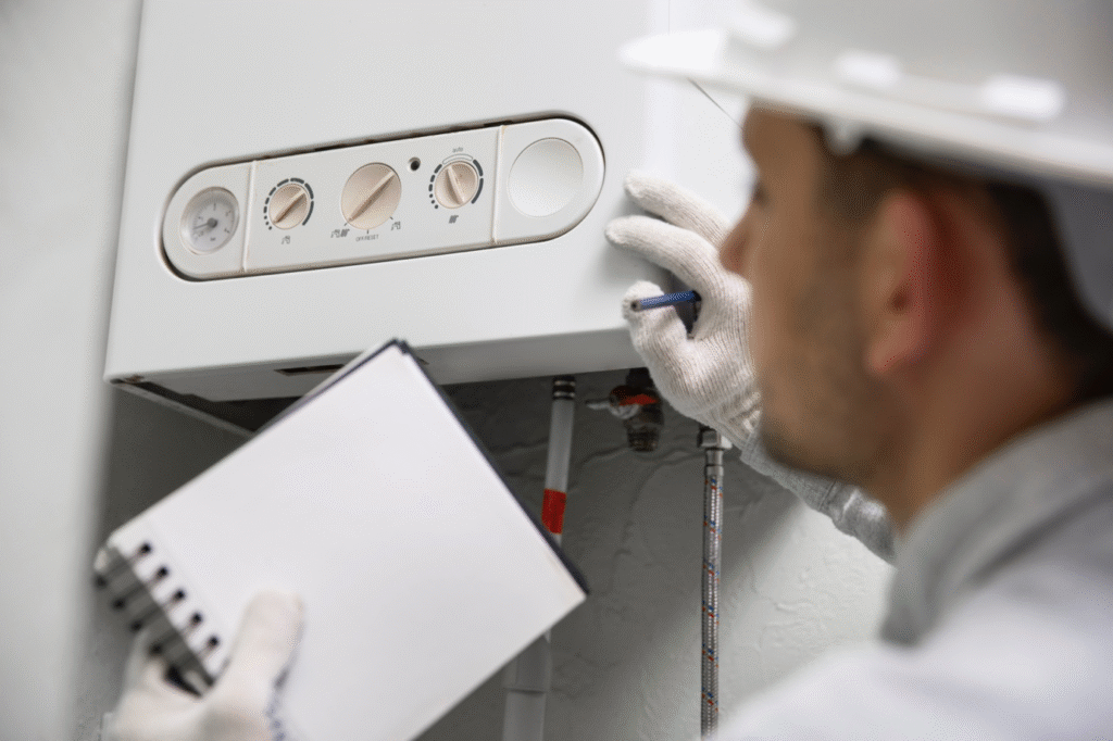 A plumber Plymouth technician wearing gloves and a helmet inspects a wall-mounted boiler, holding a notepad and using a screwdriver to check the controls on the unit in Norfolk, MA.