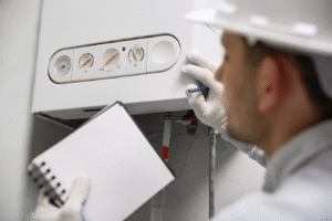 A plumber Plymouth technician wearing gloves and a helmet inspects a wall-mounted boiler, holding a notepad and using a screwdriver to check the controls on the unit in Norfolk, MA.