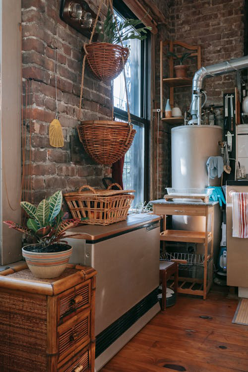 A large water heater in a kitchen space. 