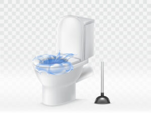A white toilet with water splashing out of the bowl stands next to a black plunger, ready for any Middlesex plumber emergency, all set against a transparent background.