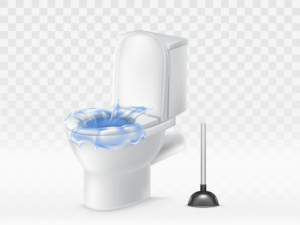 3D realistic image of a clogged toilet bowl full of water with a plunger showing a failed DIY clearing attempt.