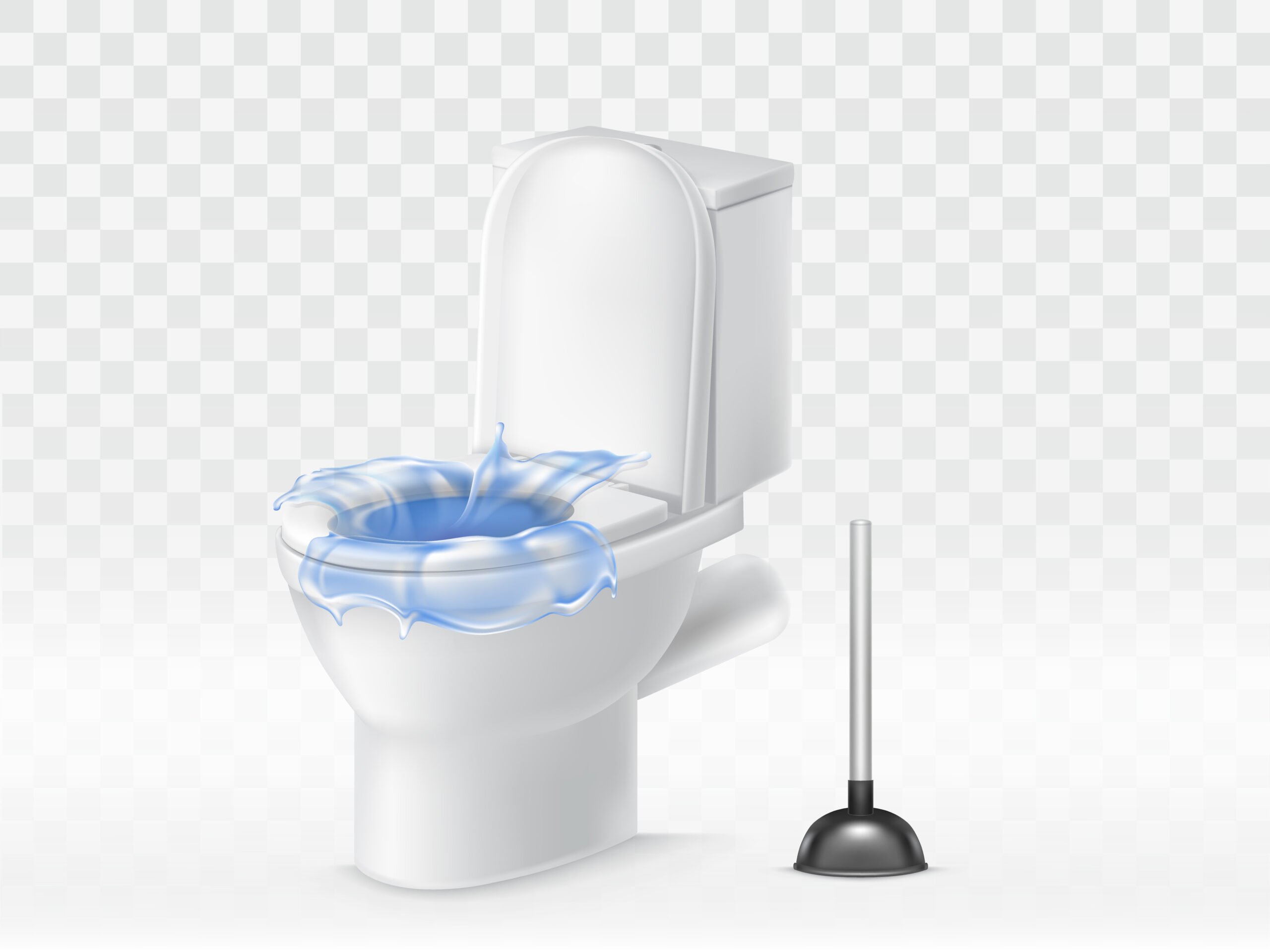 A white toilet with water splashing out of the bowl stands next to a black plunger, ready for any Middlesex plumber emergency, all set against a transparent background.