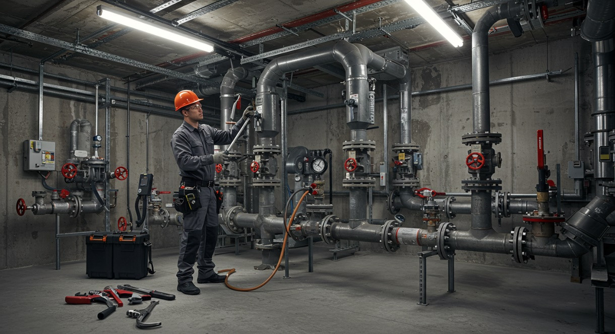  A bathroom of a commercial building with three sinks and a mirror 