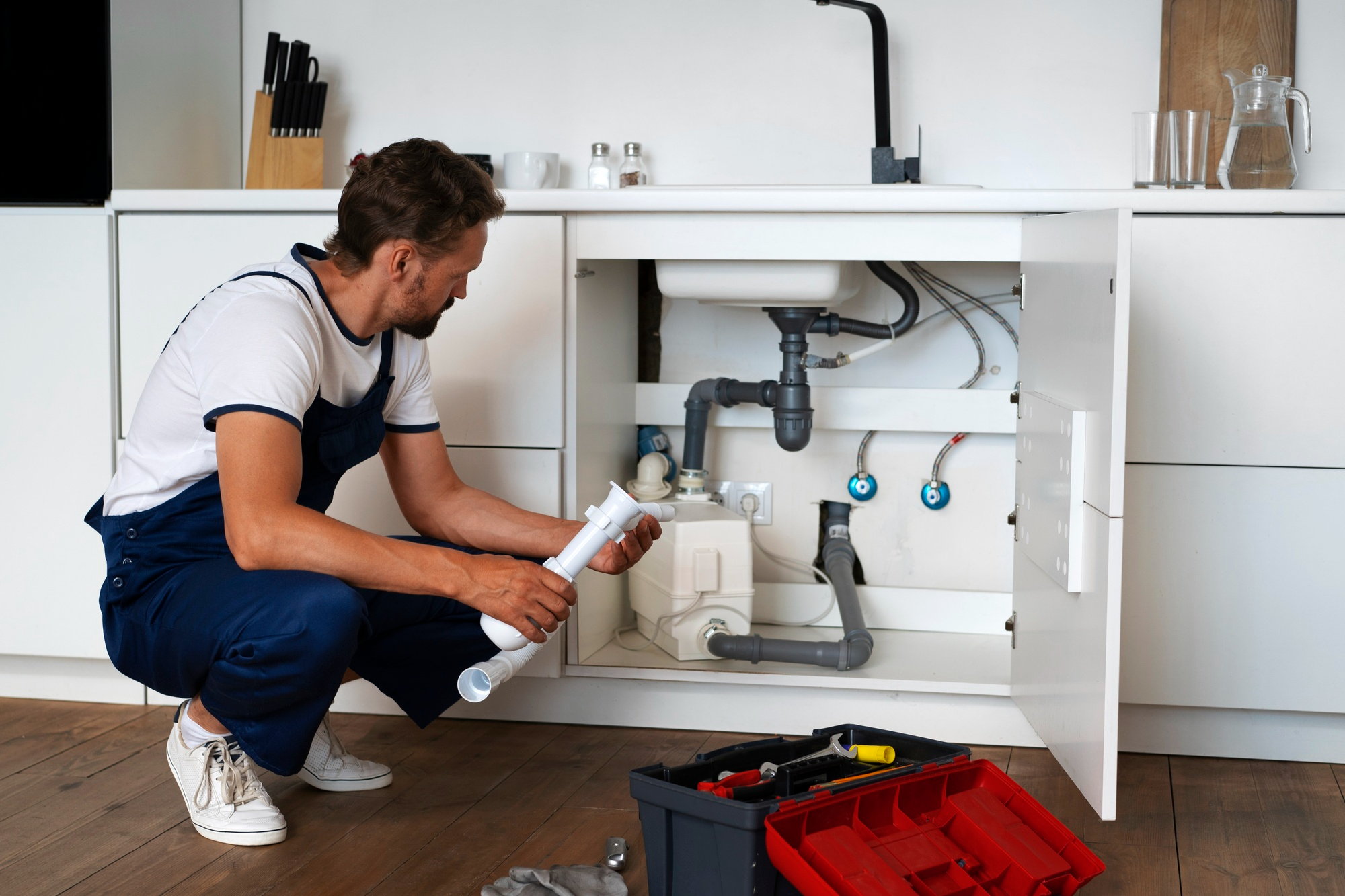 a professional plumber evaluating a sink