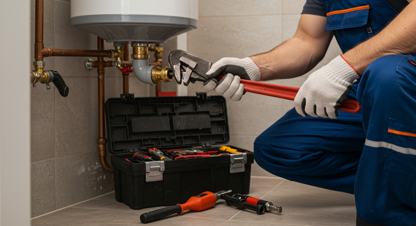 A close-up of a plumber in a blue uniform holding a pipe wrench and repairing a pipe with his toolbox on the floor