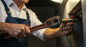 A plumber in a work uniform uses a large adjustable wrench to tighten a pipe fitting connected to a valve, showcasing plumbing or maintenance work in Plymouth and Suffolk County, Norfolk.