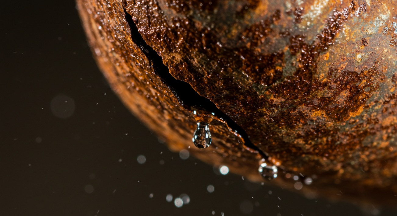 A close-up of a rusty burst pipe with water leak