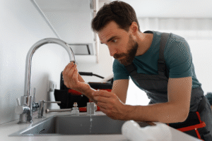 a plumber checking a leak from a faucet