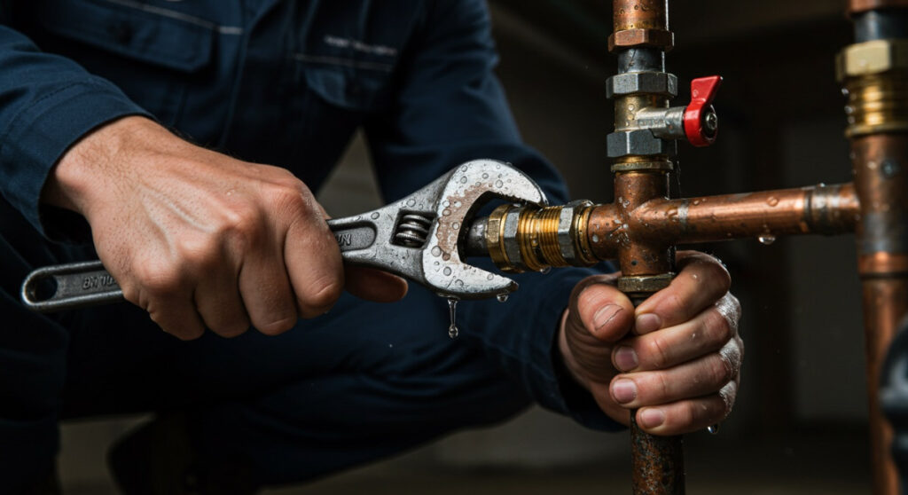 A plumber Plymouth and Suffolk County, MA, uses a wrench to tighten a leaking brass fitting on a copper pipe, water droplets visible on the tool and pipe. The individual is wearing a navy blue work uniform.