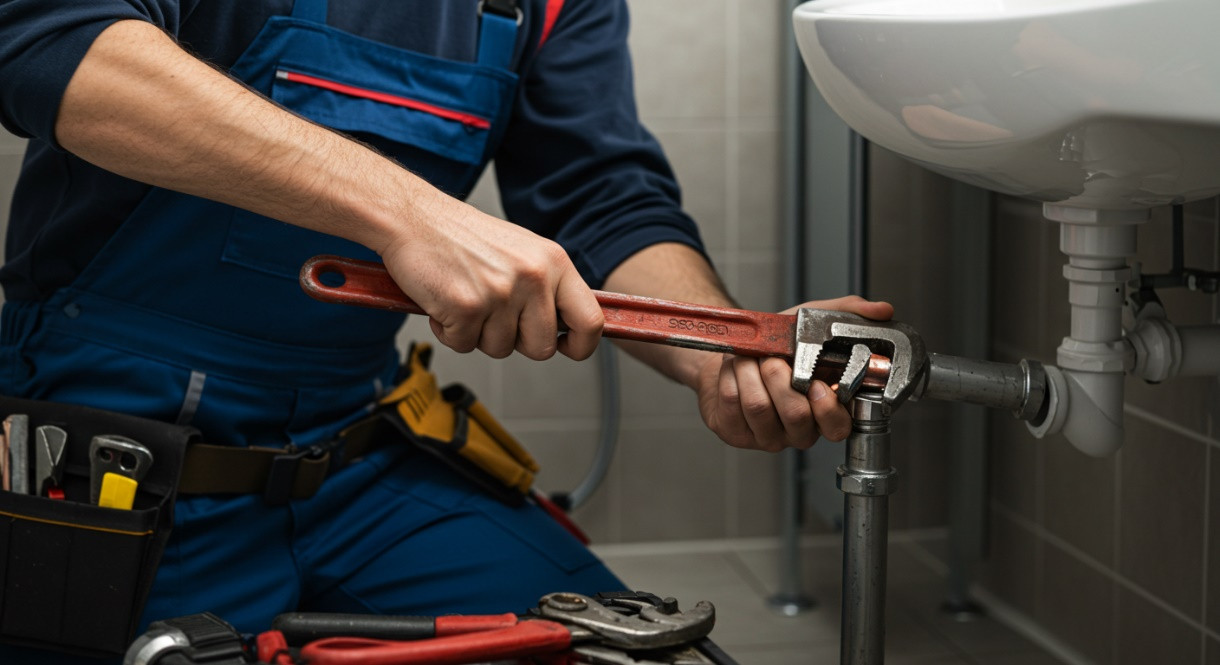 A local plumber repairing a bathroom sink pipe of a commercial building 