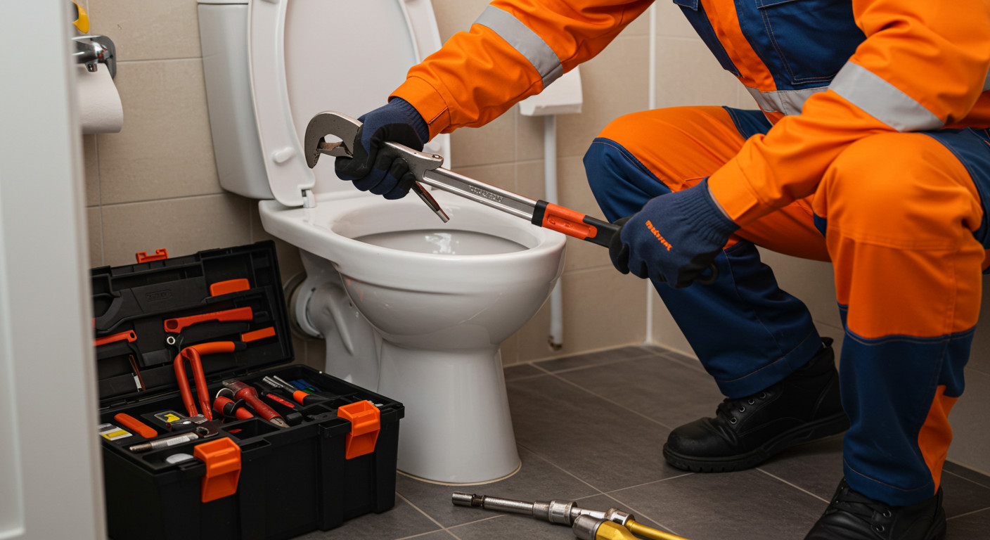 A close-up of a plumber in an orange uniform holding a tool and sitting beside a toilet with his toolbox on the floor