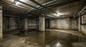 A dimly lit, empty concrete basement or parking garage in Bristol County with exposed pipes on the ceiling, standing water on the floor, and stained, weathered walls.
