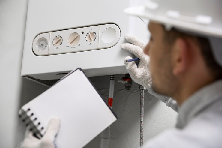 Plumber from a Cambridge plumbing company repairing a water heater to restore the hot water supply.