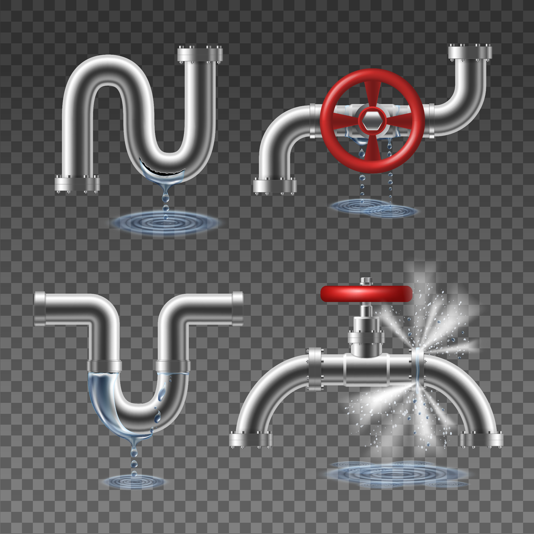 Four metal pipes are shown: one dripping water into a puddle, one with a red valve, one leaking at a joint, and one spraying water from a large crack, all on a transparent background.