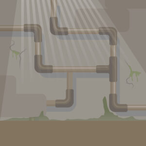 Illustration of interconnected pipes inside a wall, with sunlight streaming in. Some pipes are leaking green liquid near cracks and damage—just the kind of repair a skilled plumber in Plymouth, MA could handle before it gets worse.