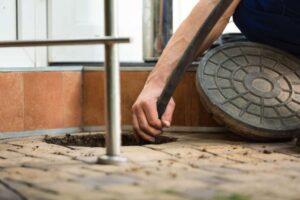 A person’s hand lifts a round drain cover with a tool, exposing a hole in a tiled floor, likely for maintenance or cleaning—just the kind of task handled by an experienced plumber Plymouth, Bristol, or Suffolk County residents might call.