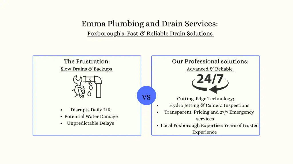 A comparison chart for Emma Plumbing and Drain Services showing "The Frustration" of slow drains versus "Our Professional Solutions" with 24/7 advanced, reliable service and modern plumbing technologies.