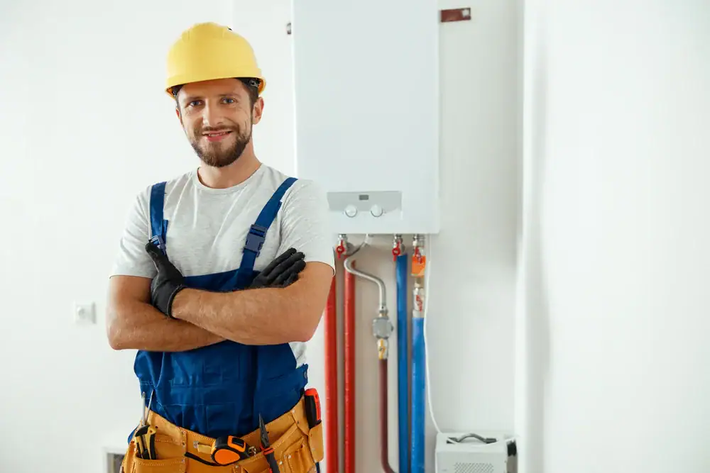 A man wearing a hard hat and overalls.